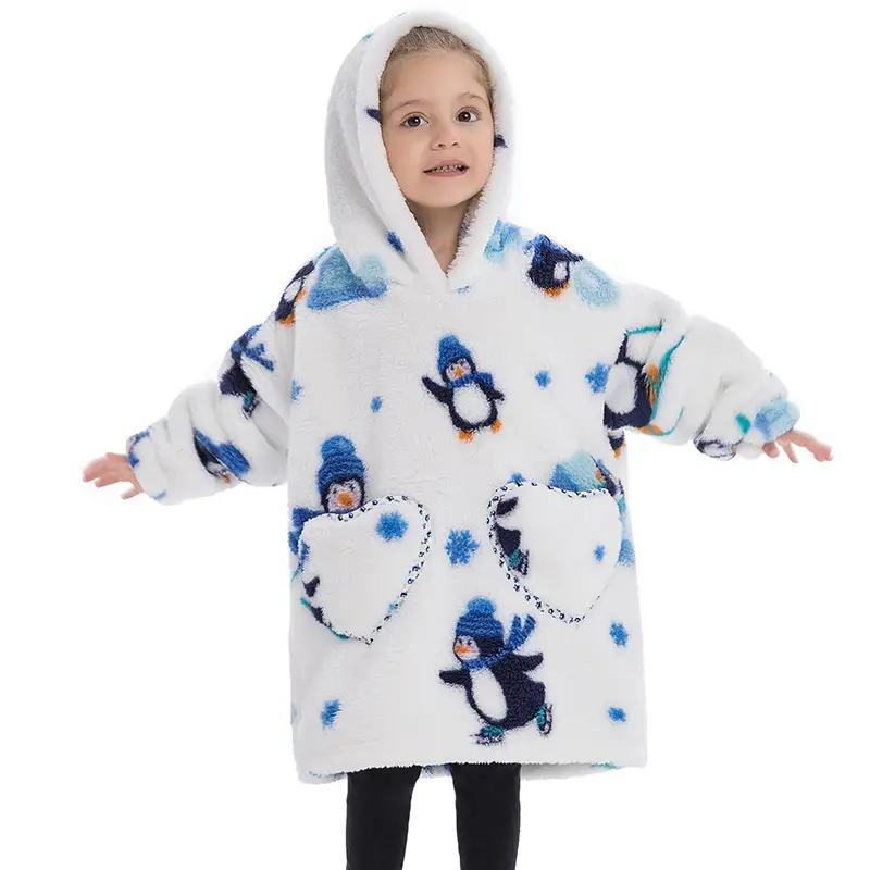 Kids Hooded Warm Blanket with Cartoon Print