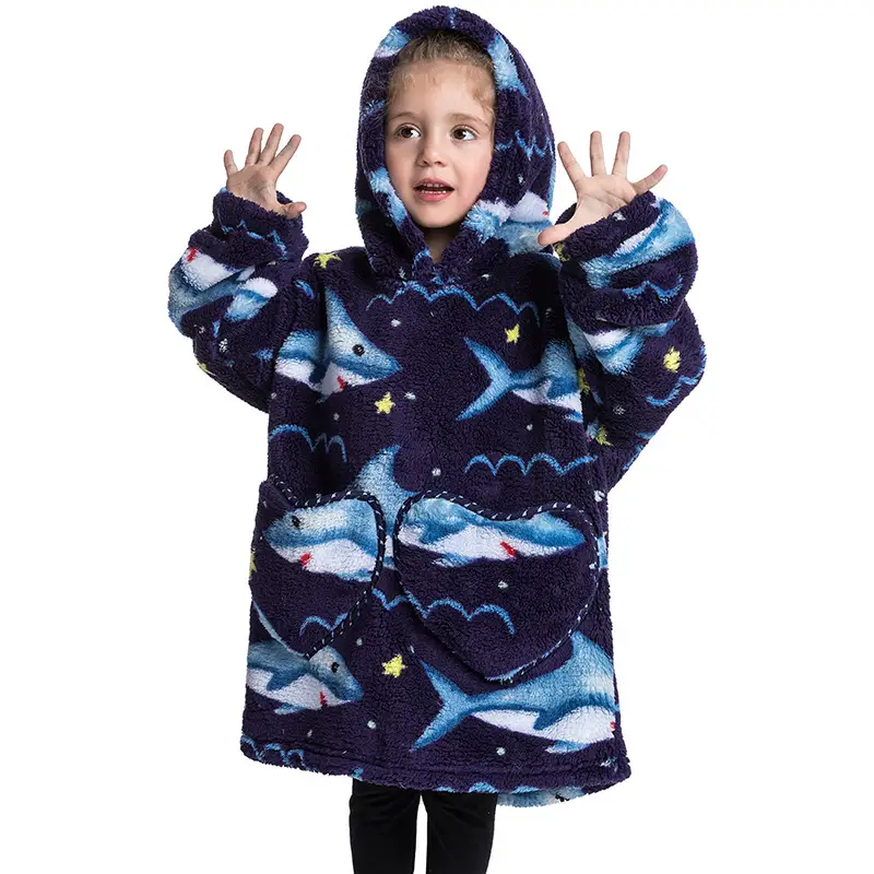 Kids Hooded Warm Blanket with Cartoon Print