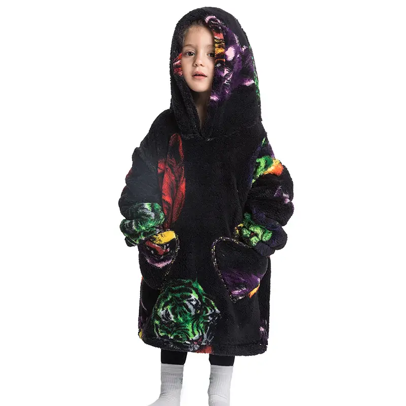 Kids Hooded Warm Blanket with Cartoon Print
