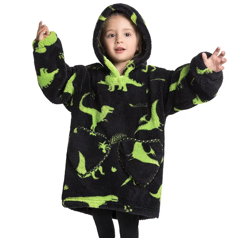 Kids Hooded Warm Blanket with Cartoon Print