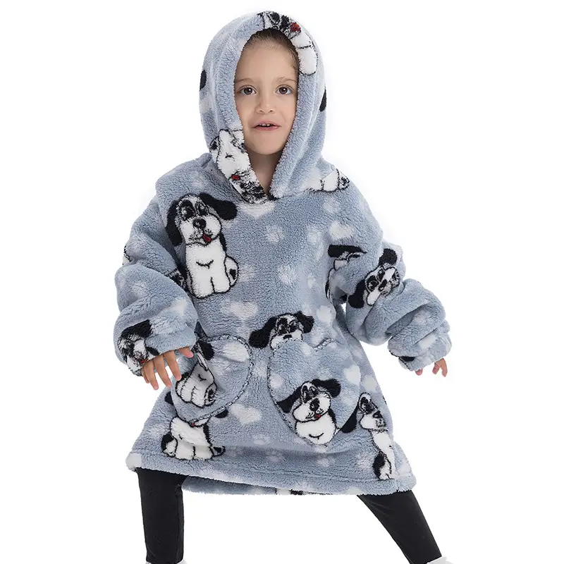 Kids Hooded Warm Blanket with Cartoon Print