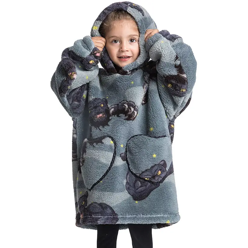 Kids Hooded Warm Blanket with Cartoon Print