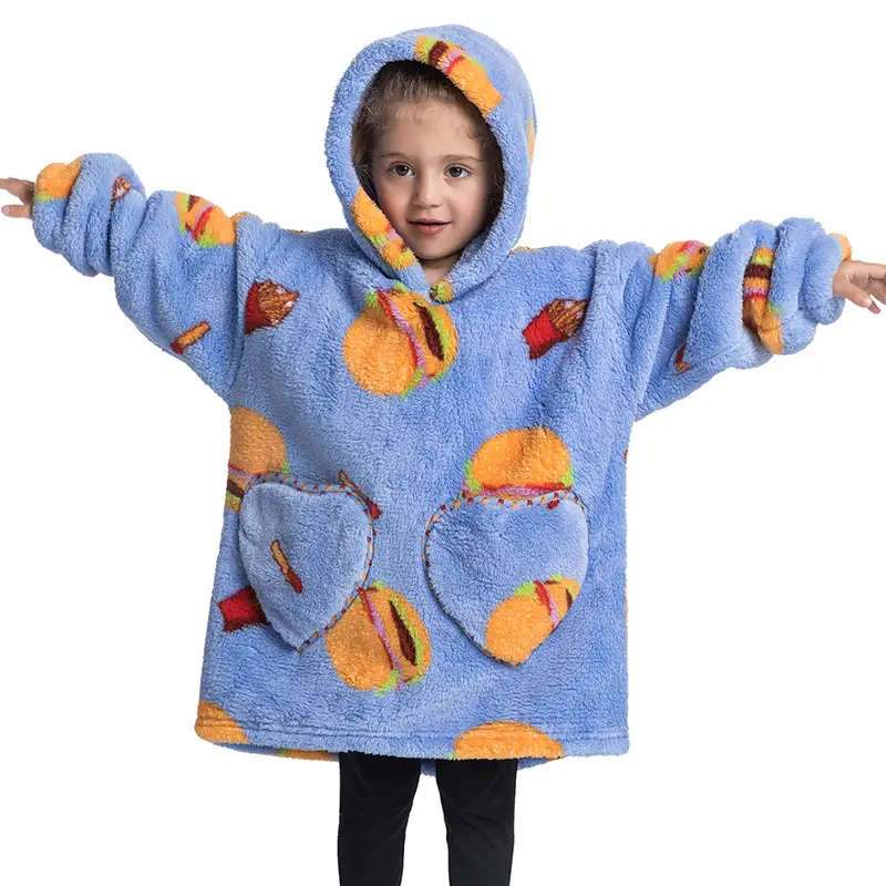 Kids Hooded Warm Blanket with Cartoon Print