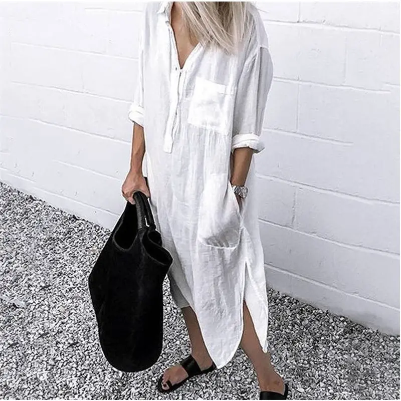 Elegant Pure White Slit Shirt Dress for Women - Image 11