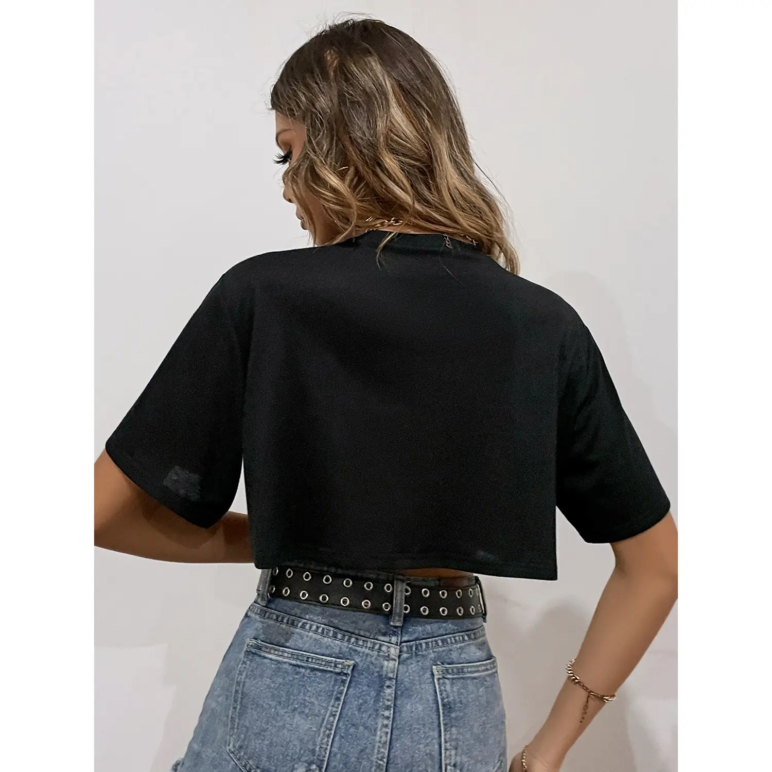 Women's No Bad Vibes Cotton T-Shirt Blue Crop Short - Image 3