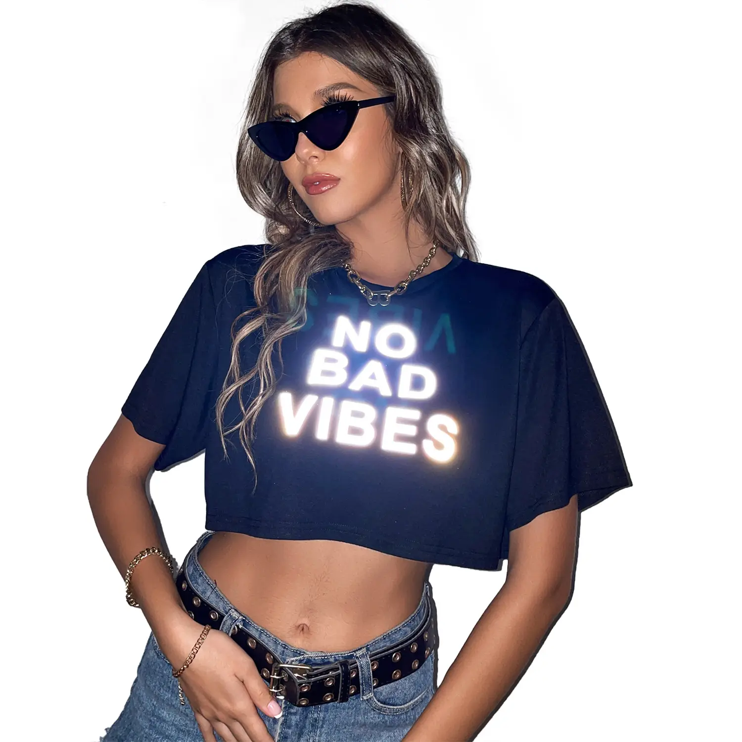 Women's No Bad Vibes Cotton T-Shirt Blue Crop Short - Image 4