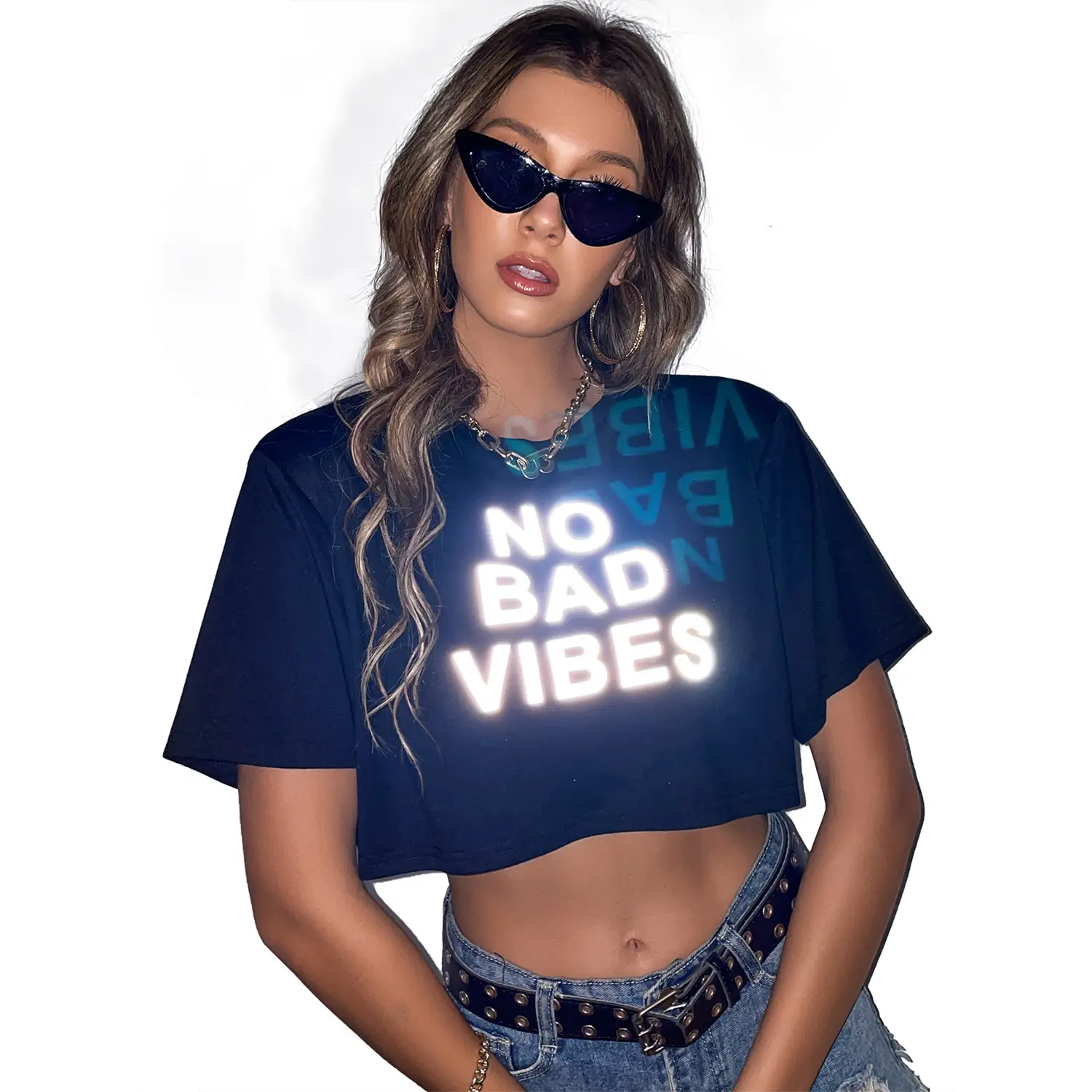 Women's No Bad Vibes Cotton T-Shirt Blue Crop Short - Image 6