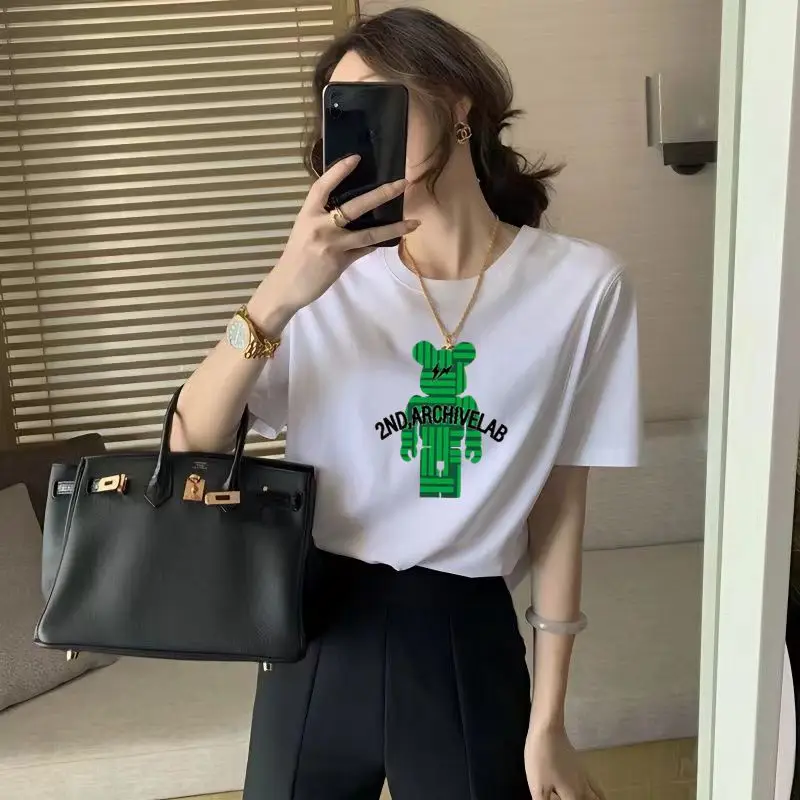 Women White Bear Embroidered Cotton T-Shirt Short Sleeve - Image 11