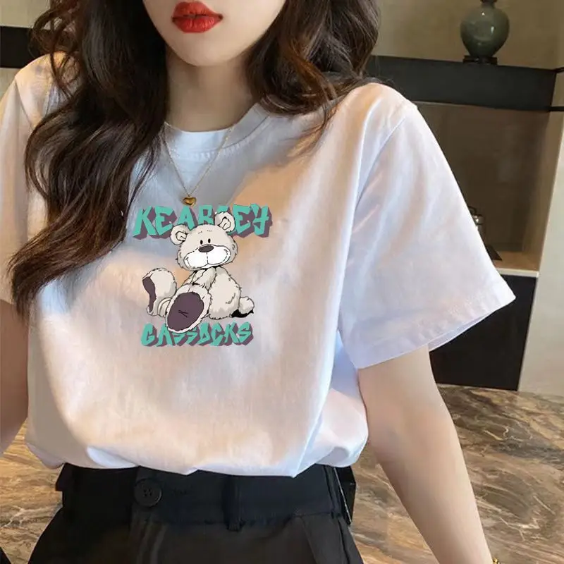 Women White Bear Embroidered Cotton T-Shirt Short Sleeve - Image 13