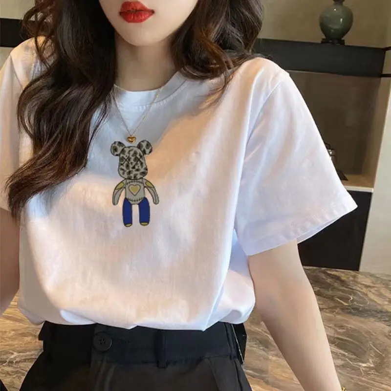 Women White Bear Embroidered Cotton T-Shirt Short Sleeve - Image 14