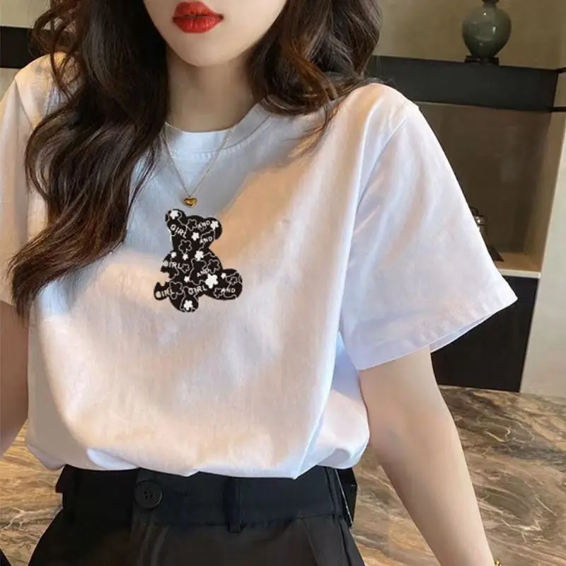 Women White Bear Embroidered Cotton T-Shirt Short Sleeve - Image 2
