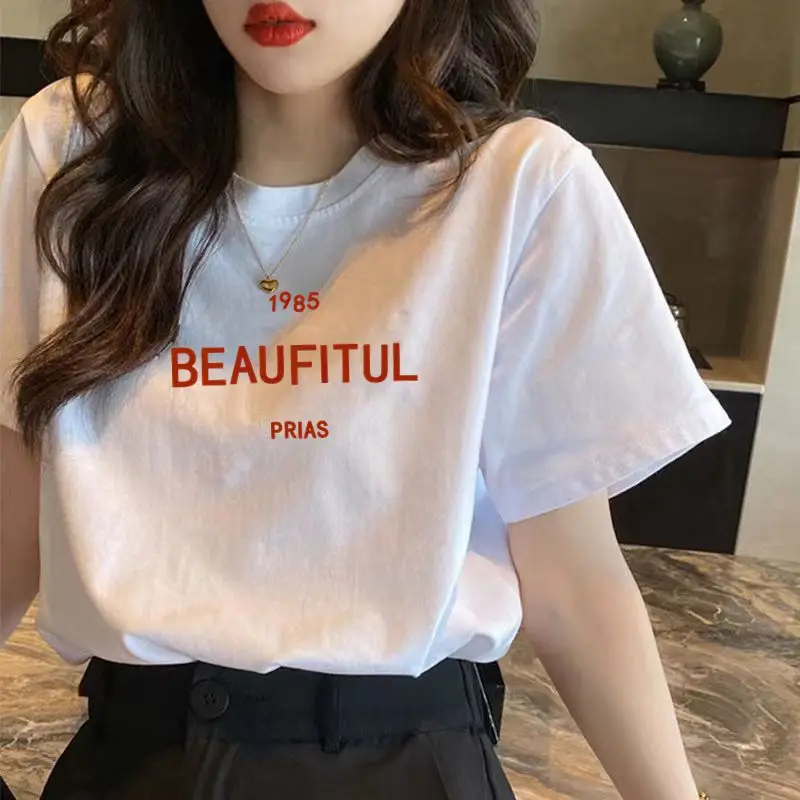 Women White Bear Embroidered Cotton T-Shirt Short Sleeve - Image 38