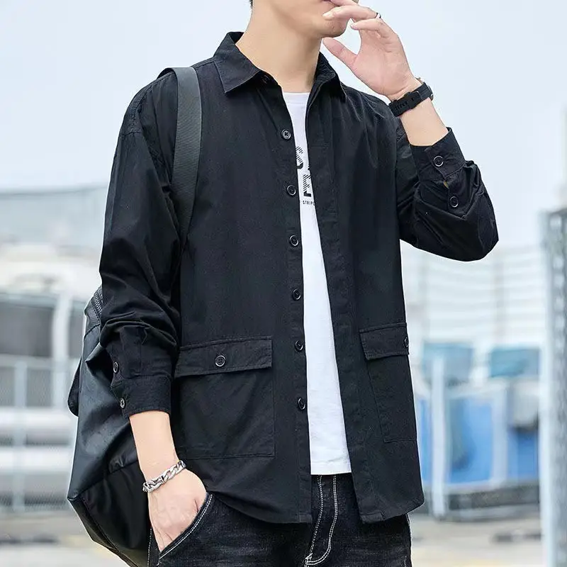 Men's Cotton Long Sleeve Shirt Spring Autumn Hong Kong Style Loose Fit - Image 2