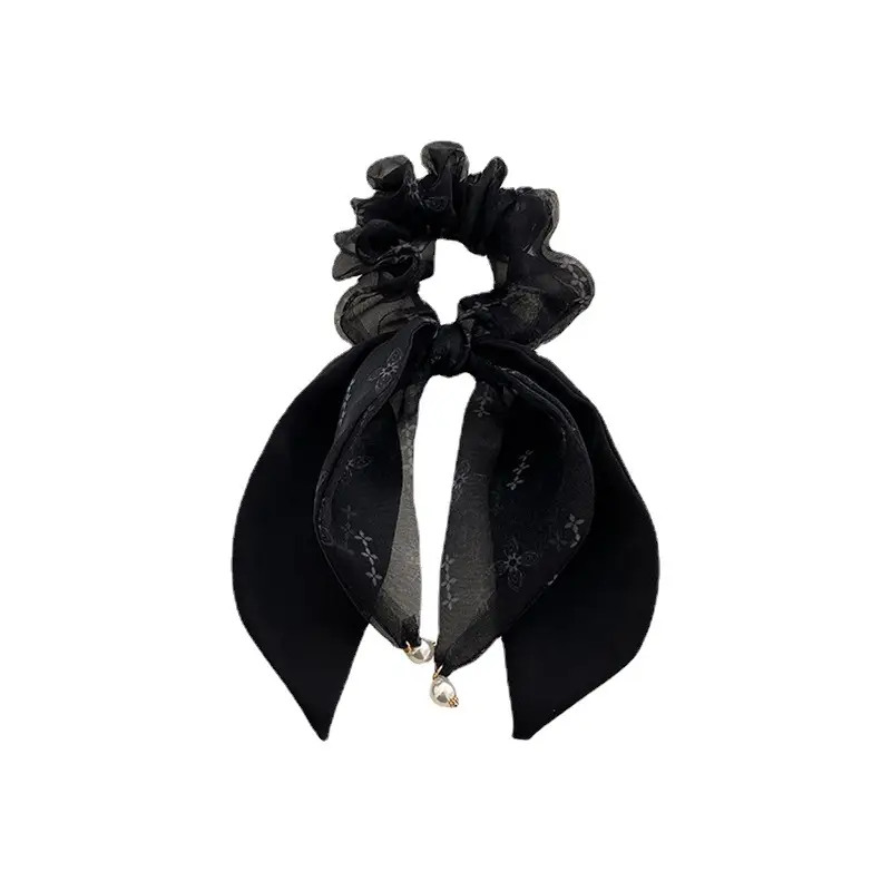Black Velvet Hair Scrunchie with Pearl Drop