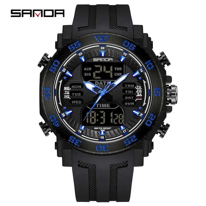 Sanda New Electronic Multifunctional Men's Watch Blue Steel Ring Waterproof - Image 3