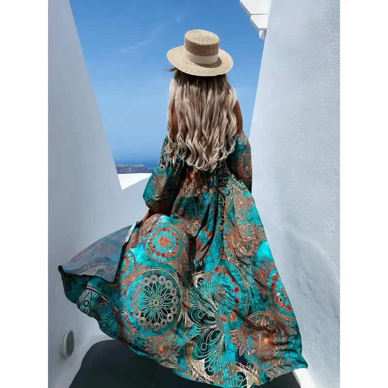 Long Sleeve Strapless Printed Long Dress Turquoise Brown - Image 3