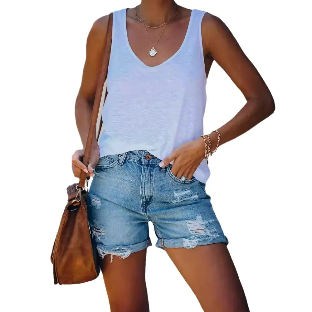 Women Denim Shorts Wash Hole 2022 Summer - Image 6