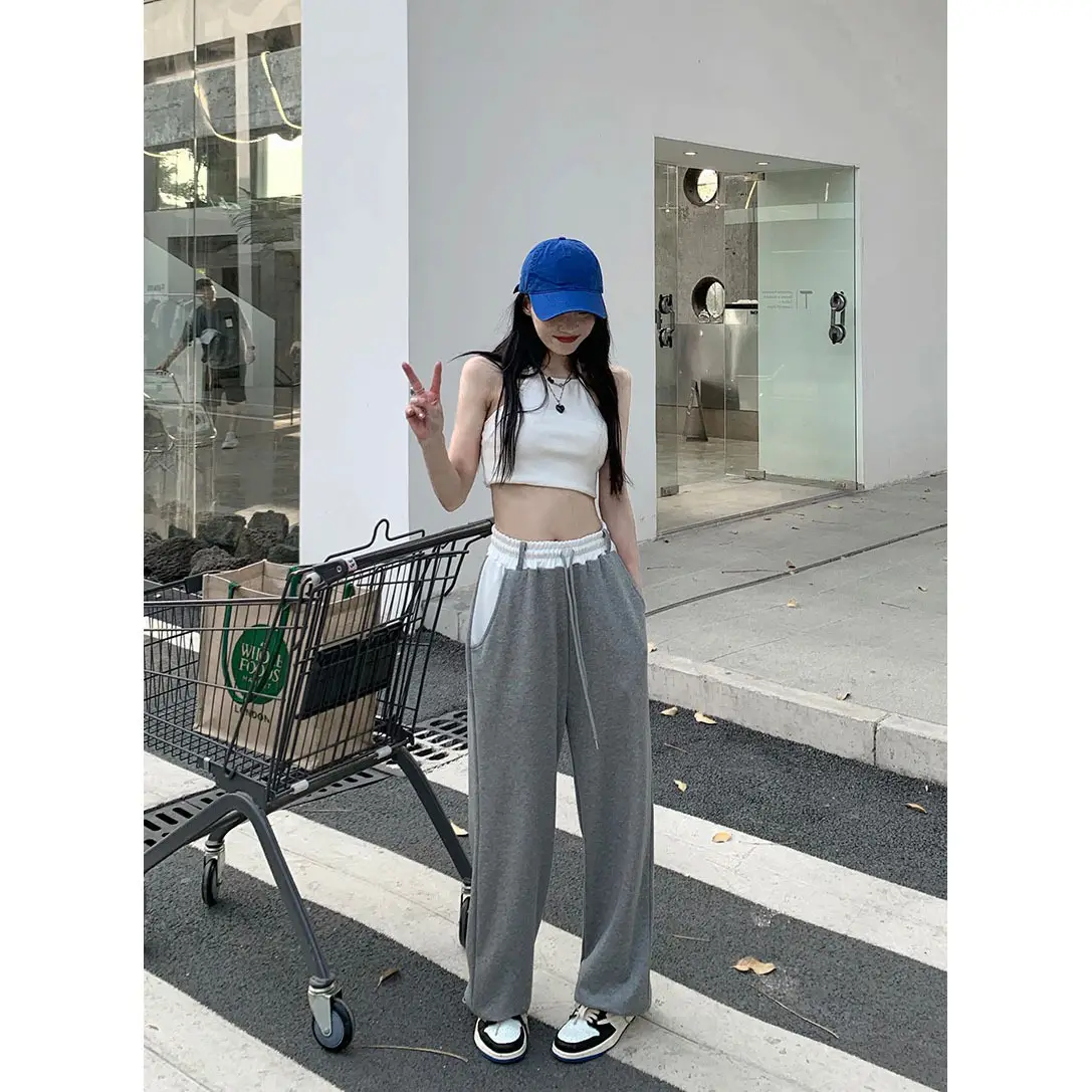 Women 2022 Gray Drawstring Pants Slimming Wide Leg