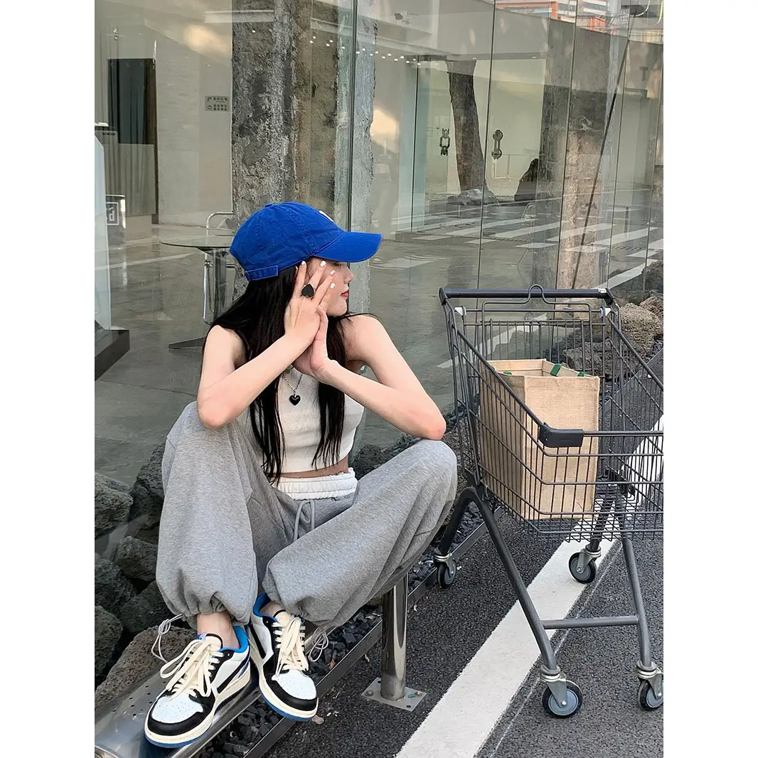 Women 2022 Gray Drawstring Pants Slimming Wide Leg