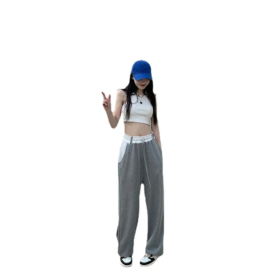 Women 2022 Gray Drawstring Pants Slimming Wide Leg