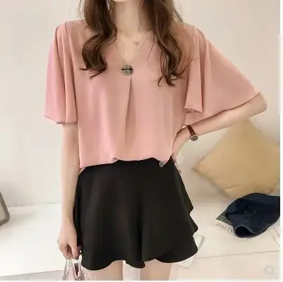 Women's Pink Chiffon Half Sleeve Top with Black Shorts - Image 4
