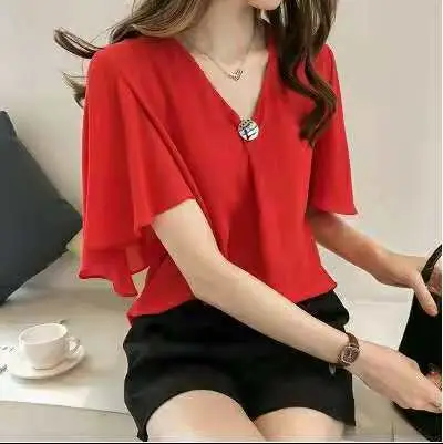 Women's Pink Chiffon Half Sleeve Top with Black Shorts - Image 5