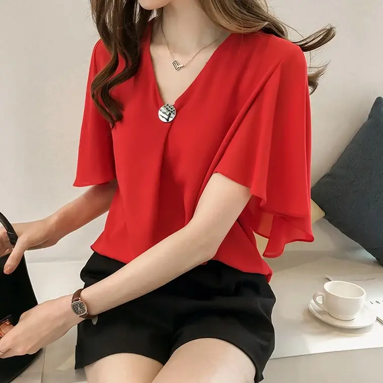 Women's Pink Chiffon Half Sleeve Top with Black Shorts - Image 7