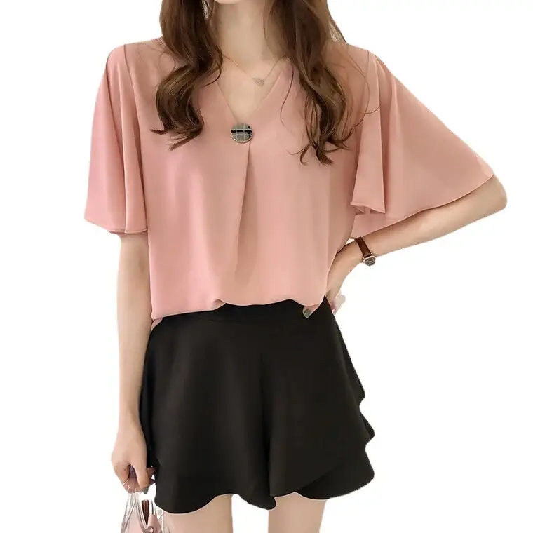 Women's Pink Chiffon Half Sleeve Top with Black Shorts - Image 8