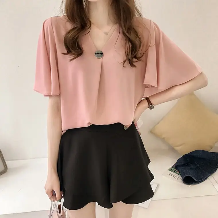 Women's Pink Chiffon Half Sleeve Top with Black Shorts — feature 2