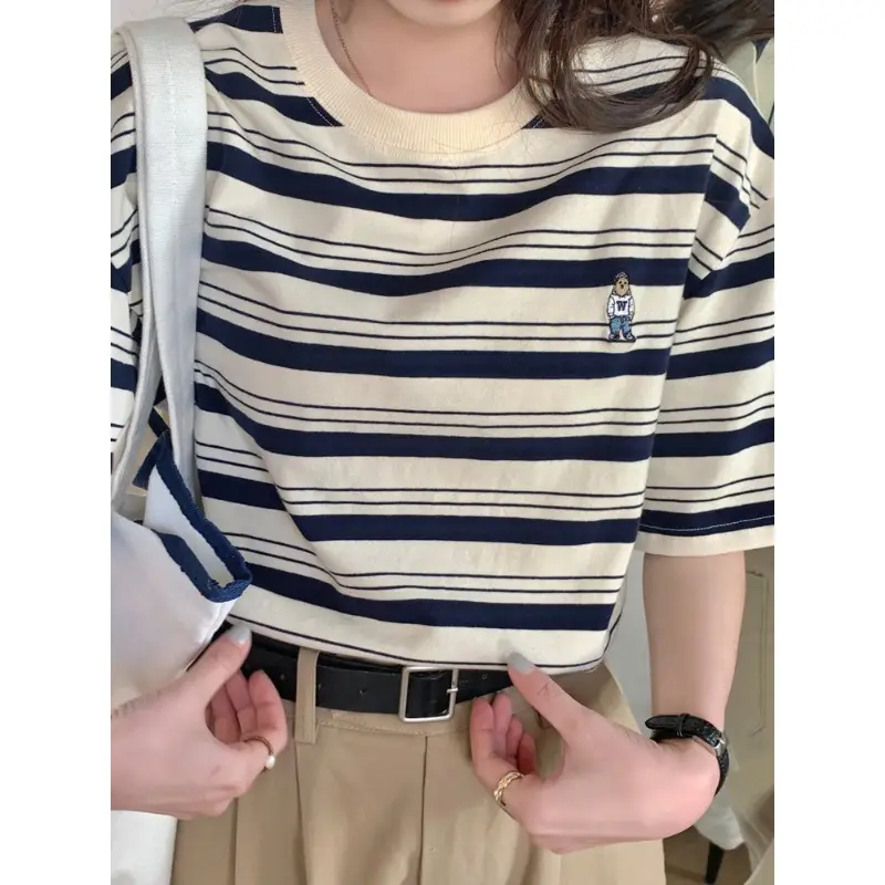 Women Striped T-Shirt Navy White Half Sleeve Korean Style - Image 4