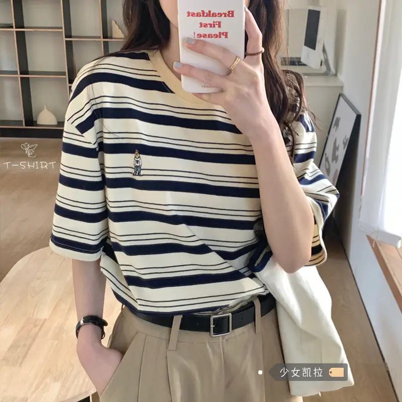 Women Striped T-Shirt Navy White Half Sleeve Korean Style - Image 5