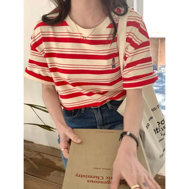 Women Striped T-Shirt Navy White Half Sleeve Korean Style - Image 6