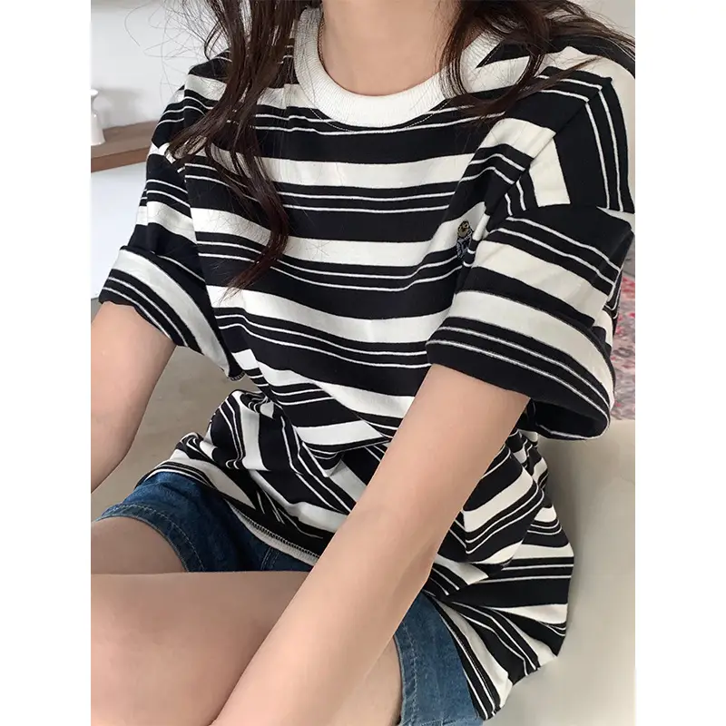 Women Striped T-Shirt Navy White Half Sleeve Korean Style - Image 7