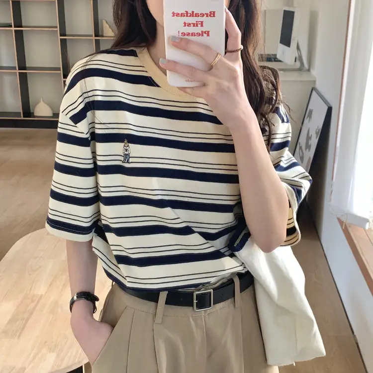 Women Striped T-Shirt Navy White Half Sleeve Korean Style — feature 11
