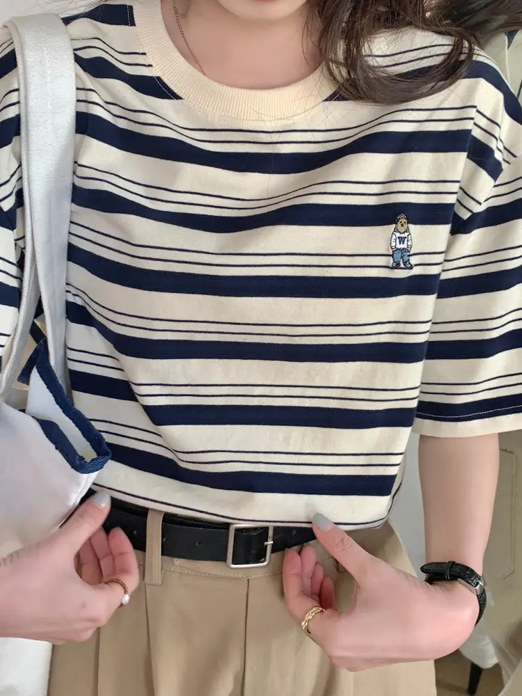 Women Striped T-Shirt Navy White Half Sleeve Korean Style — feature 12