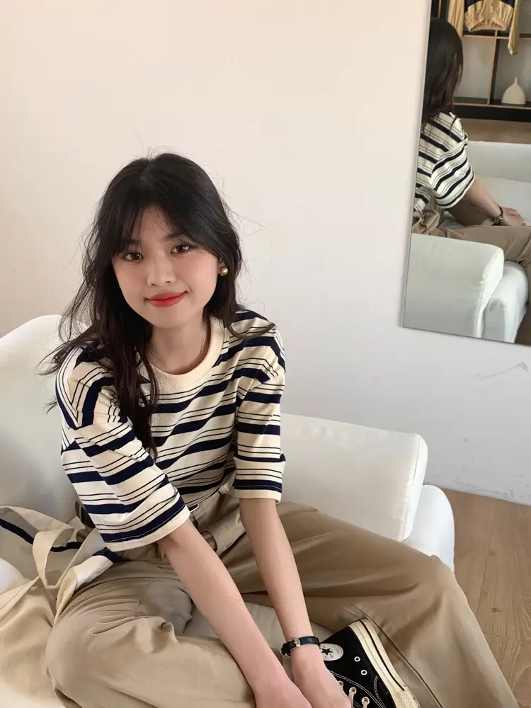 Women Striped T-Shirt Navy White Half Sleeve Korean Style — feature 14