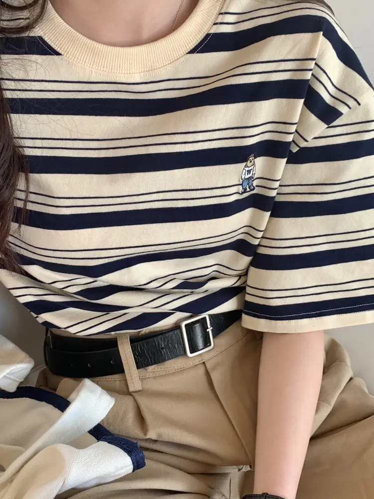 Women Striped T-Shirt Navy White Half Sleeve Korean Style — feature 17