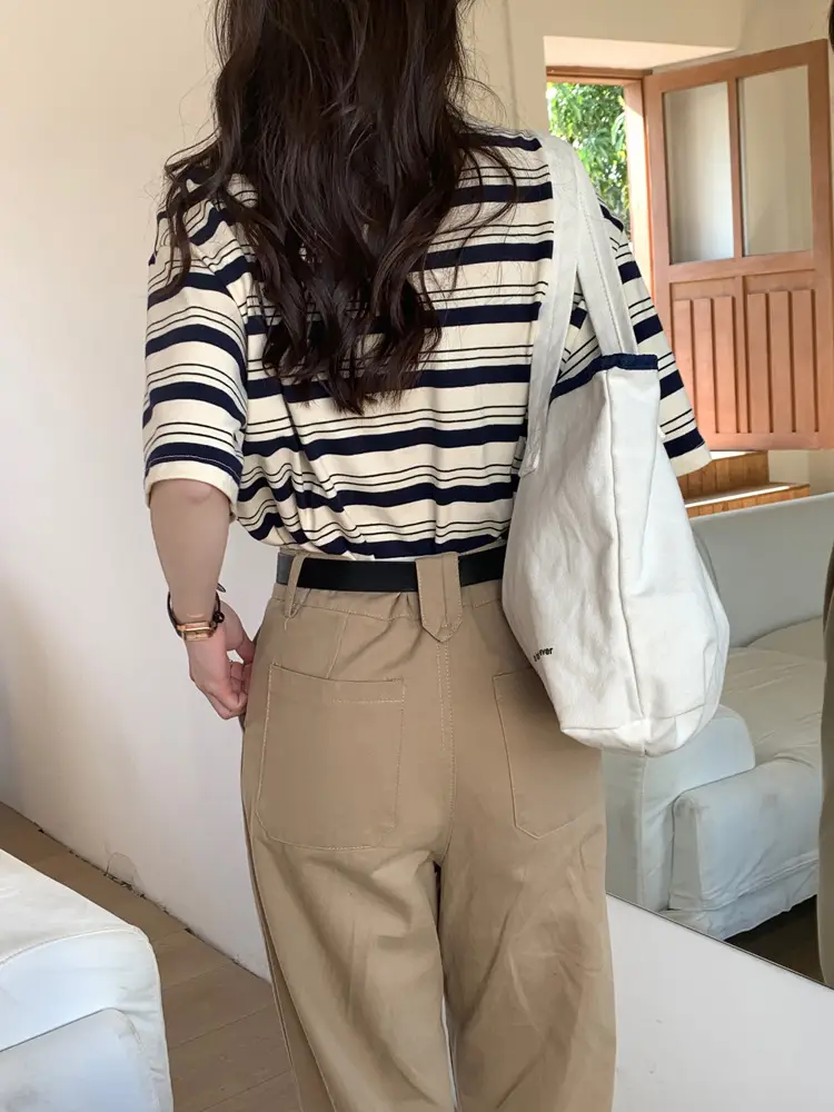 Women Striped T-Shirt Navy White Half Sleeve Korean Style — feature 18
