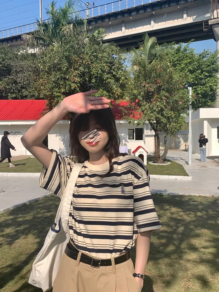 Women Striped T-Shirt Navy White Half Sleeve Korean Style — feature 19