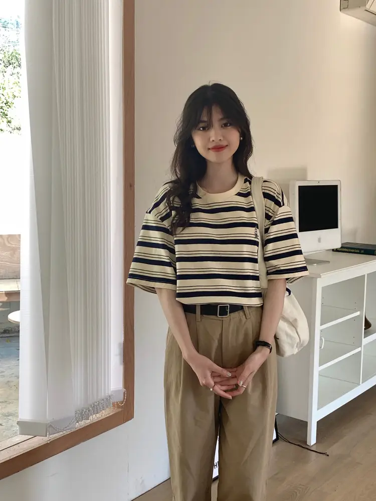 Women Striped T-Shirt Navy White Half Sleeve Korean Style — feature 20