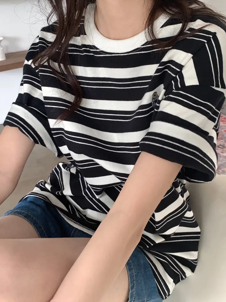 Women Striped T-Shirt Navy White Half Sleeve Korean Style — feature 21