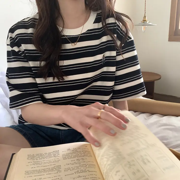 Women Striped T-Shirt Navy White Half Sleeve Korean Style — feature 22