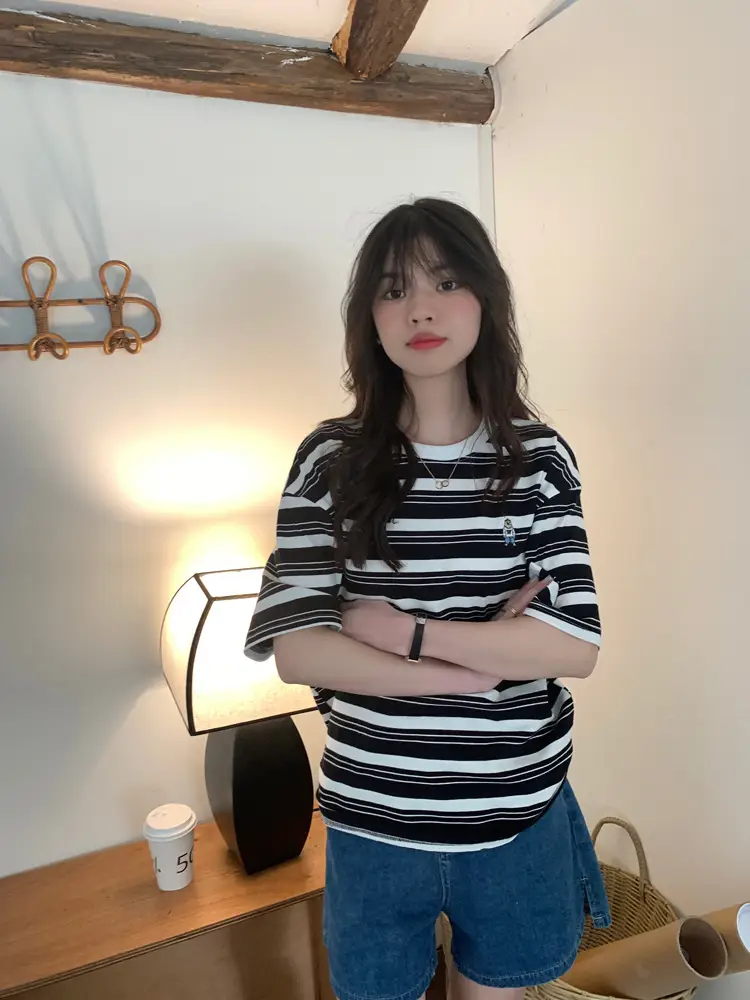 Women Striped T-Shirt Navy White Half Sleeve Korean Style — feature 23