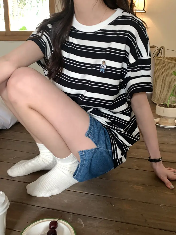 Women Striped T-Shirt Navy White Half Sleeve Korean Style — feature 24