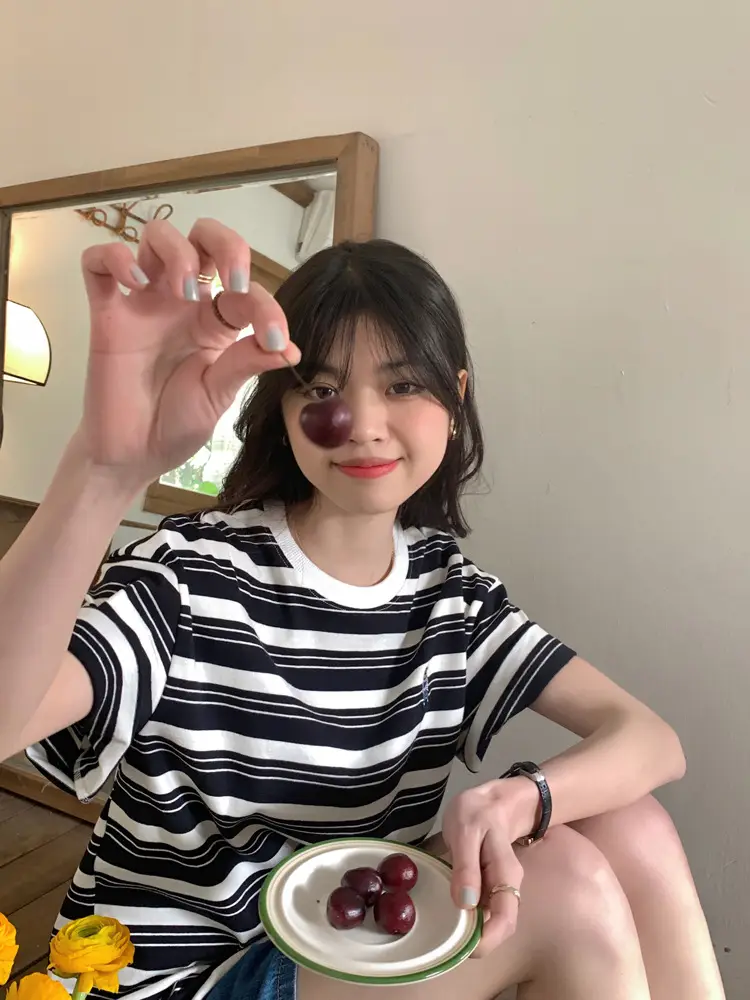 Women Striped T-Shirt Navy White Half Sleeve Korean Style — feature 25