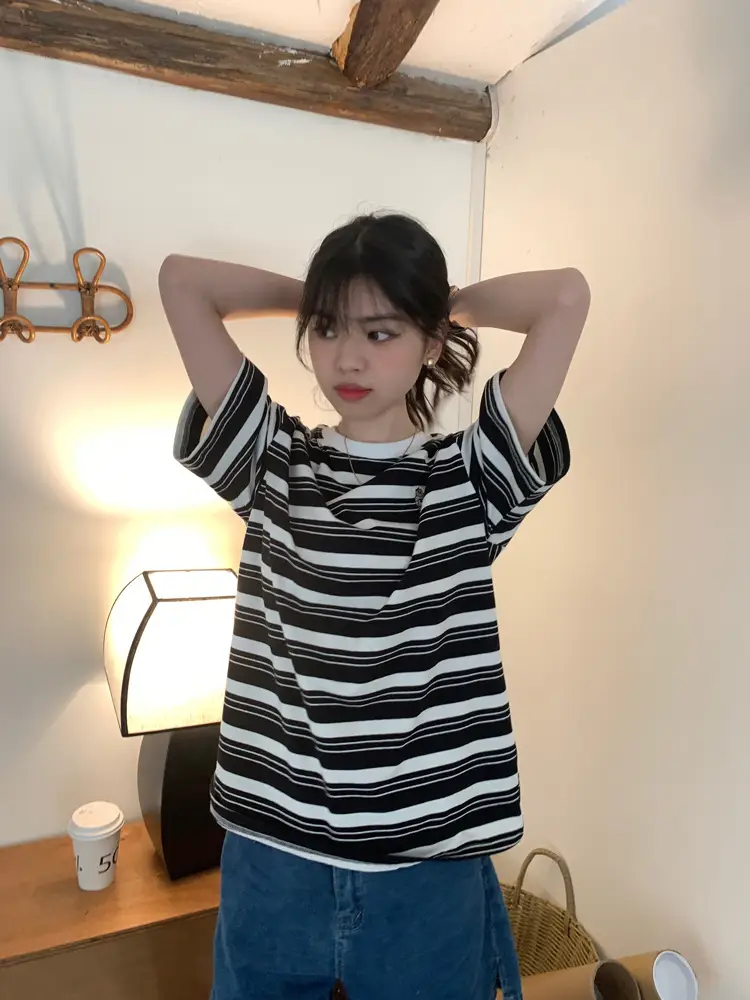 Women Striped T-Shirt Navy White Half Sleeve Korean Style — feature 26