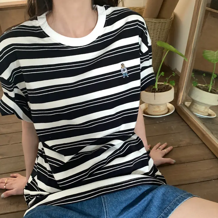 Women Striped T-Shirt Navy White Half Sleeve Korean Style — feature 27