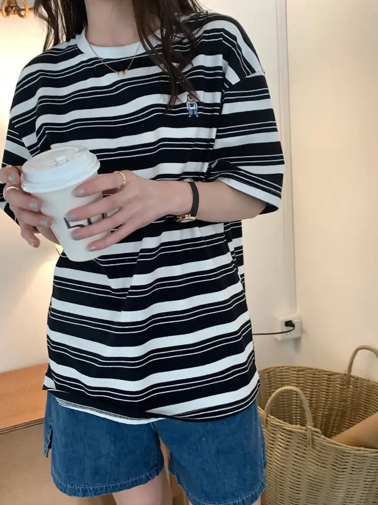 Women Striped T-Shirt Navy White Half Sleeve Korean Style — feature 28