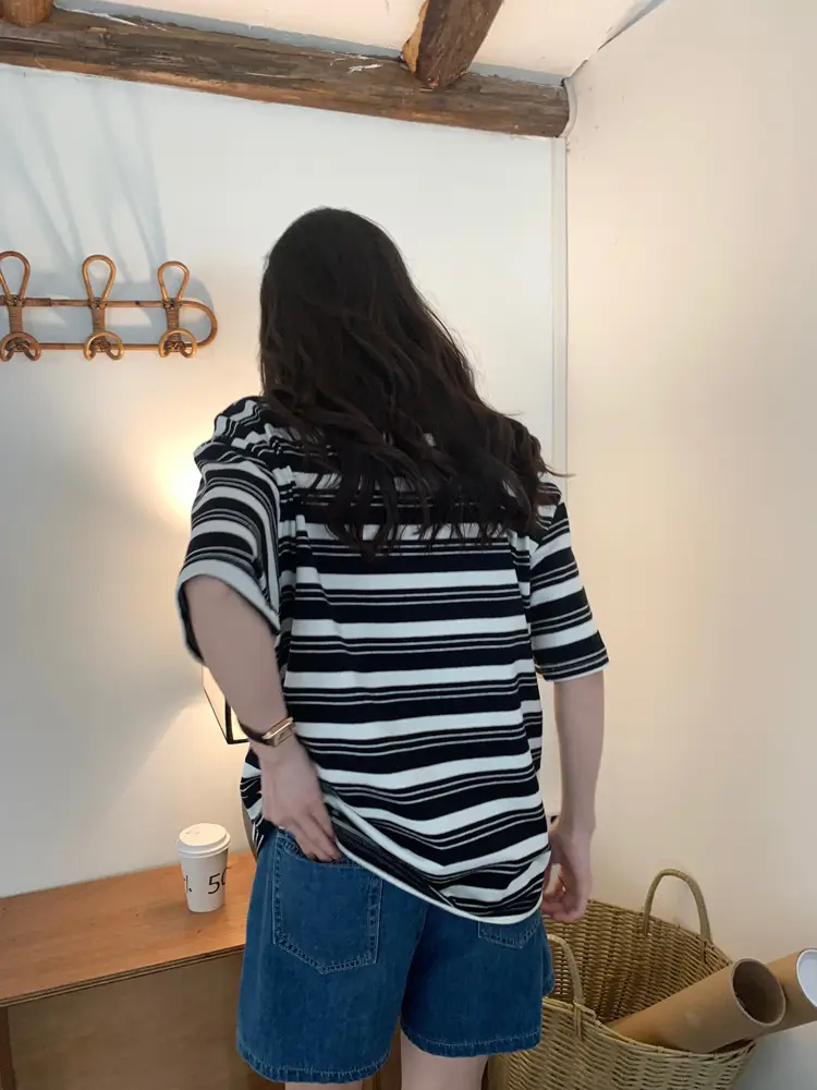 Women Striped T-Shirt Navy White Half Sleeve Korean Style — feature 30