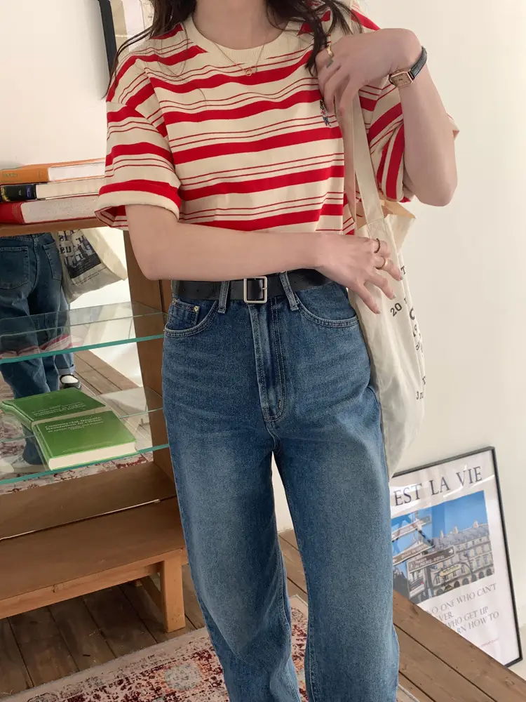 Women Striped T-Shirt Navy White Half Sleeve Korean Style — feature 5